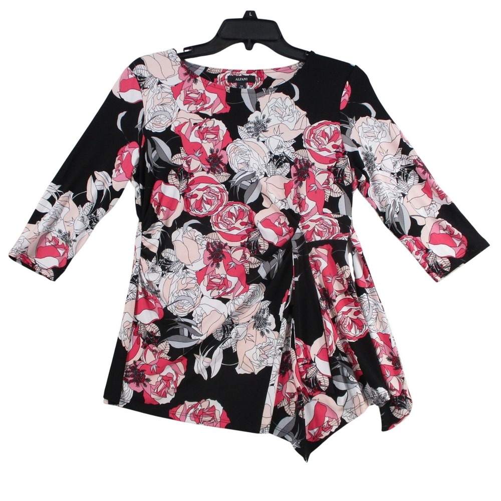 Alfani Womens Petite PM Floral Side Drape Asymmetrical 3/4 Sleeve Blouse Black